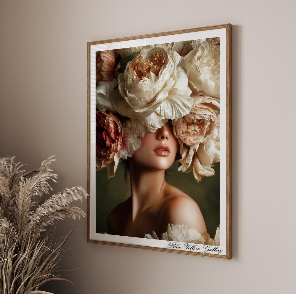 Romantic feminine artwork featuring soft cream and blush peonies