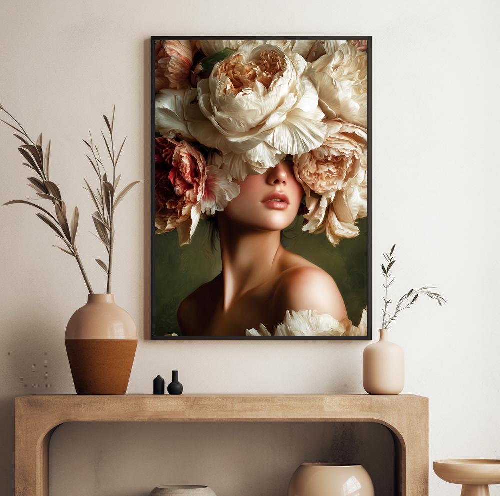 Floral woman portrait with large peony flowers covering the eyes