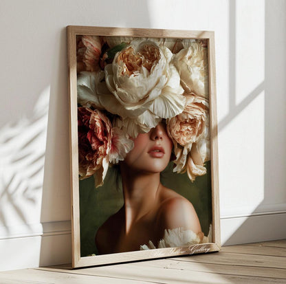 Artistic woman portrait blended with cream and blush flowers