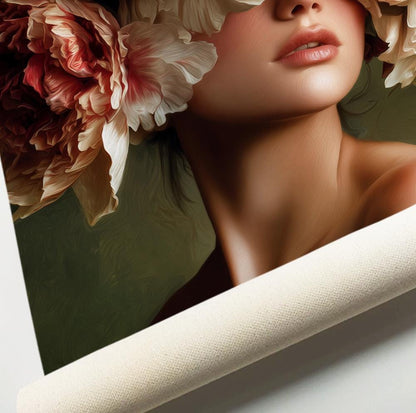 Floral Woman Wall Art, Romantic Flower Portrait Print, Large Feminine Wall Decor, Elegant Peony Artwork, Luxury Statement Art