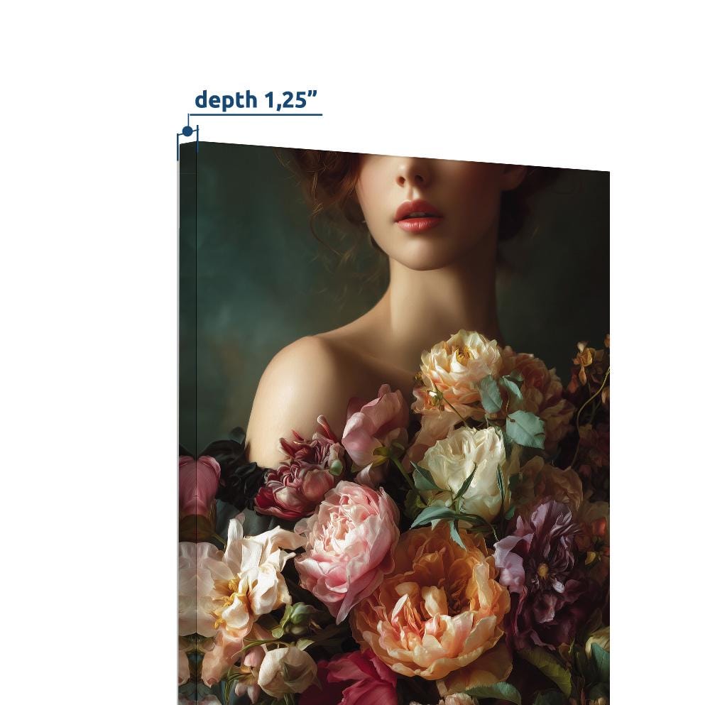 Moody Floral Woman Wall Art, Dark Romantic Peony Portrait Print, Luxury Feminine Bedroom Decor, Large Statement Canvas