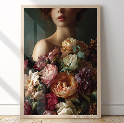 Dark floral portrait of a woman surrounded by lush peony flowers