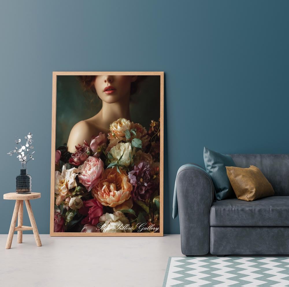 Vintage style floral woman painting with rich color depth
