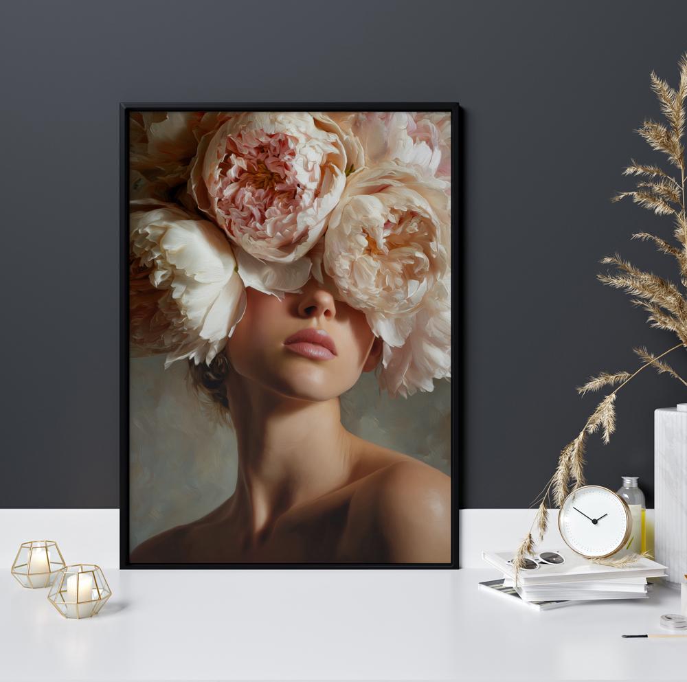 Close up of peony flower woman portrait print, soft romantic botanical fashion artwork