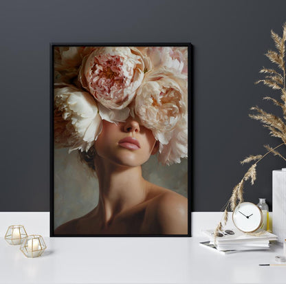 Close up of peony flower woman portrait print, soft romantic botanical fashion artwork