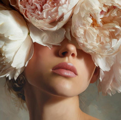 Floral Woman Wall Art, Romantic Peony Portrait Print, Moody Feminine Bedroom Decor, Large Botanical Fashion Art, Luxury Canvas Print