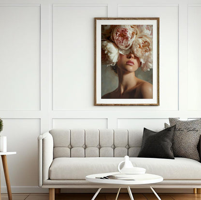 Vertical floral fashion portrait print styled in soft neutral home decor