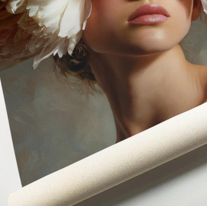 Floral Woman Wall Art, Romantic Peony Portrait Print, Moody Feminine Bedroom Decor, Large Botanical Fashion Art, Luxury Canvas Print