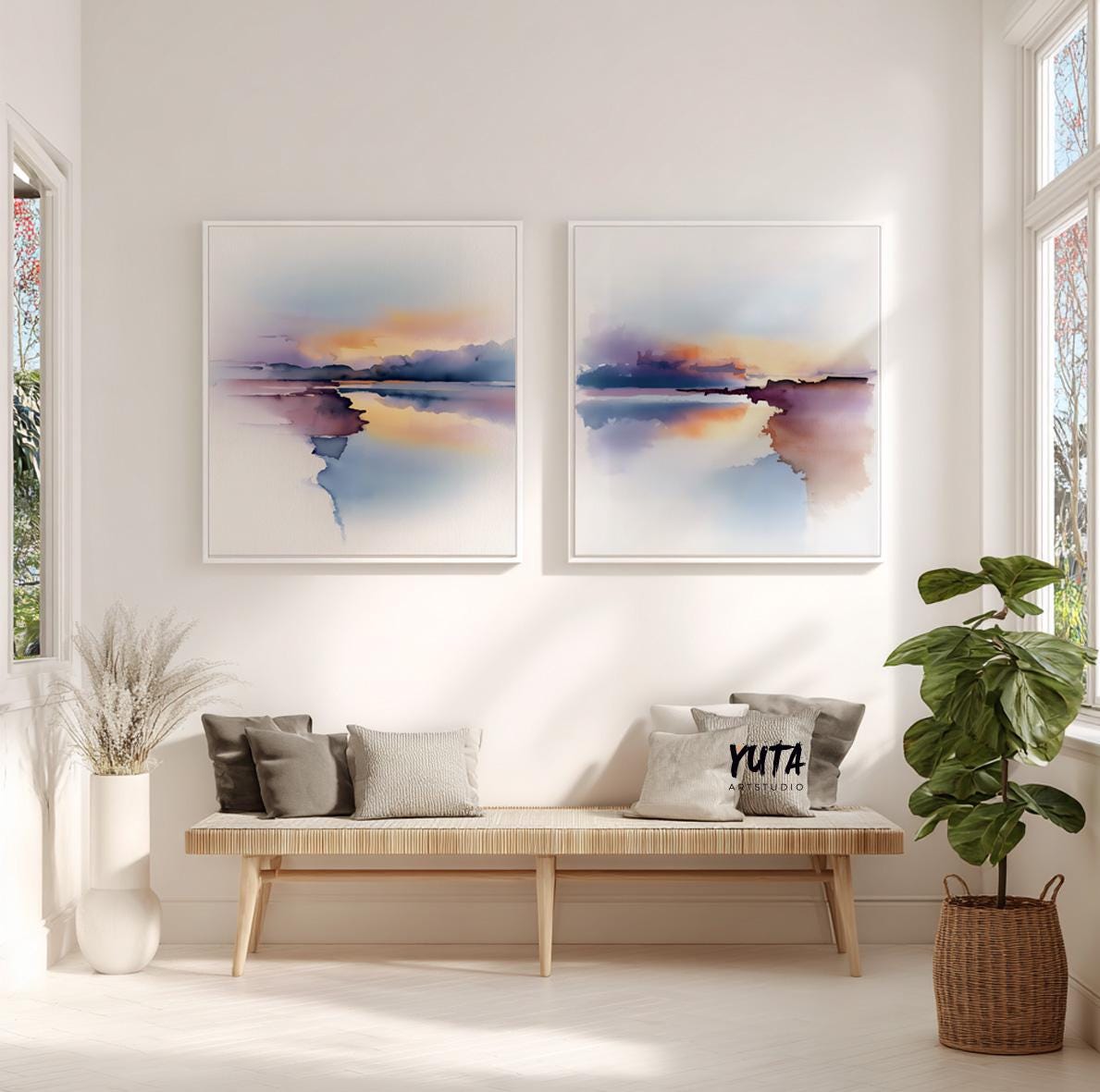Modern abstract landscape painting in blue, lavender, and warm sunset hues