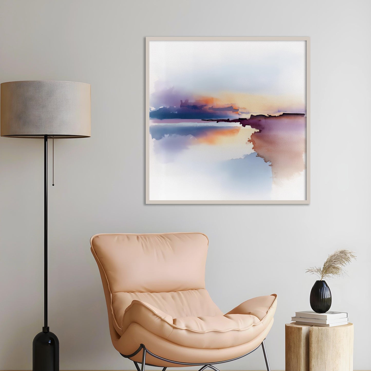Minimalist abstract artwork featuring reflective water and distant horizon