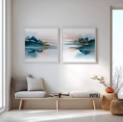 Watercolor abstract painting with serene composition and natural forms