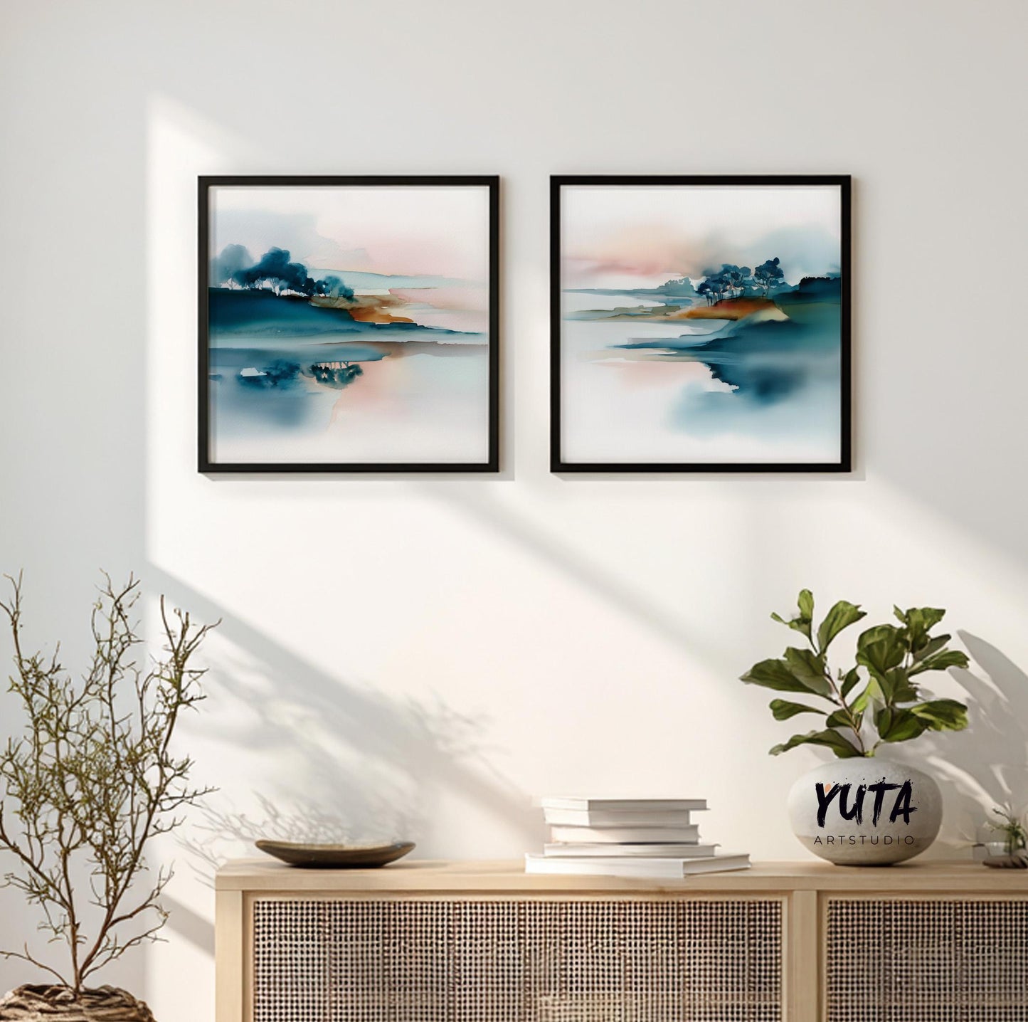 Abstract nature painting with trees, water, and soft atmospheric depth