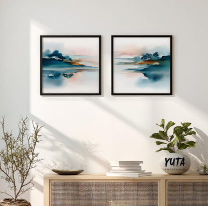 Abstract nature painting with trees, water, and soft atmospheric depth