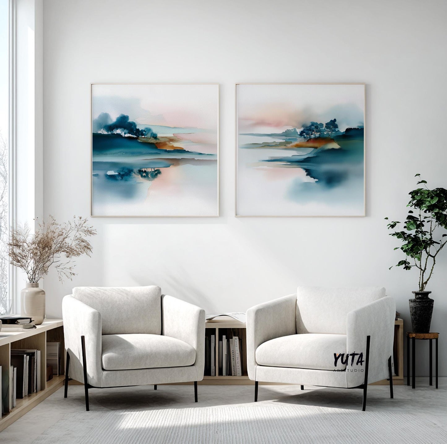 Abstract landscape artwork with fluid brushwork and reflective elements