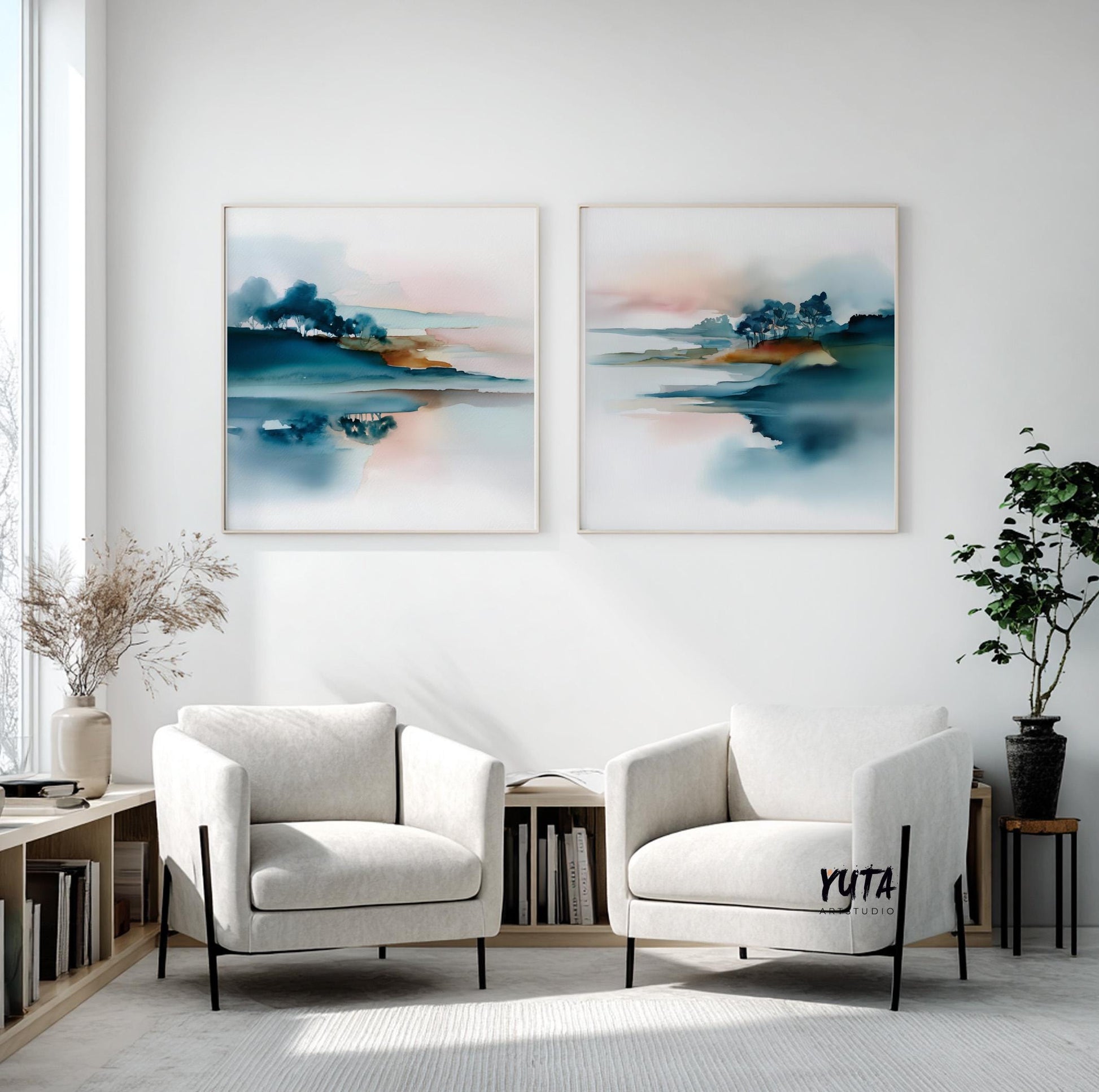 Abstract landscape artwork with fluid brushwork and reflective elements