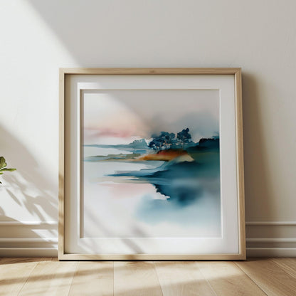 Modern abstract landscape with blue, teal, and warm earthy accents