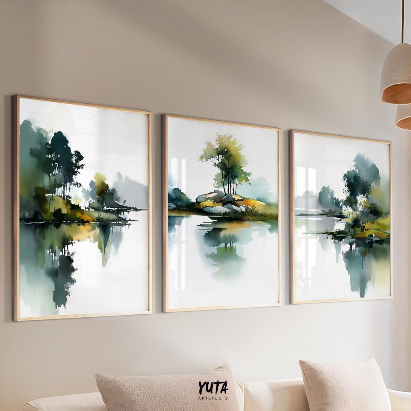 Modern abstract landscape artwork featuring blue tones and organic shapes