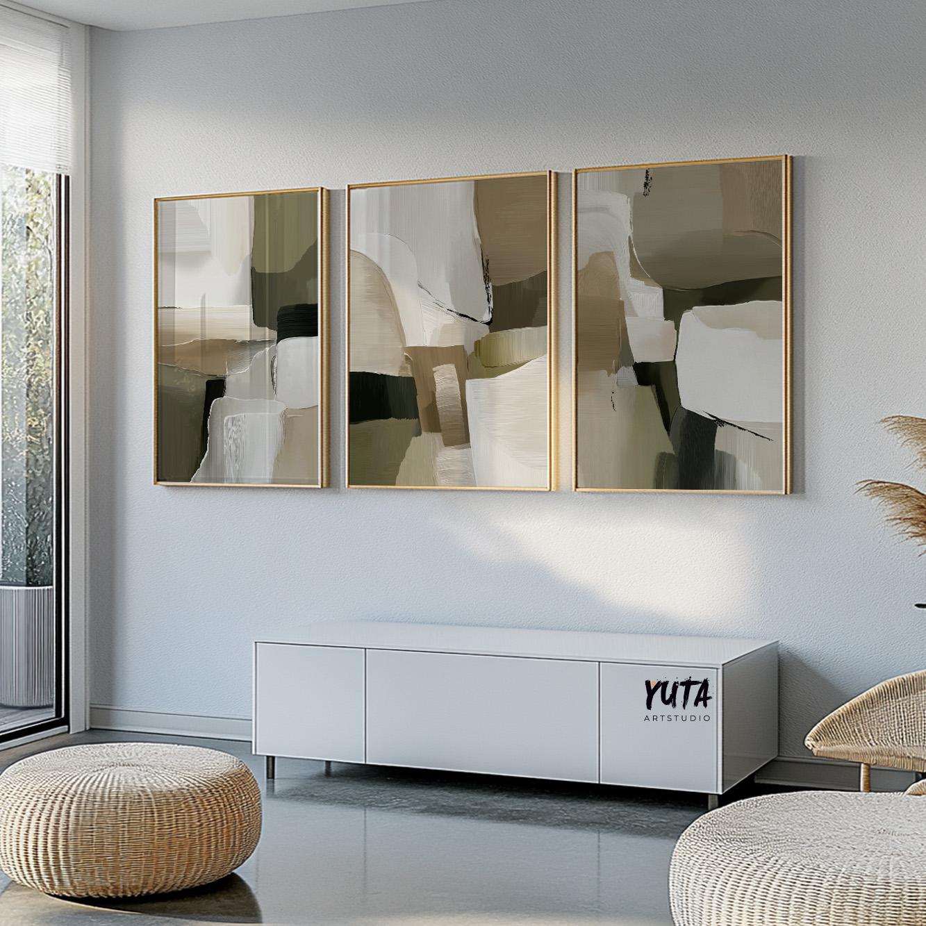 Abstract wall art featuring soft beige and muted green palette