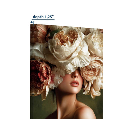 Floral Woman Wall Art, Romantic Flower Portrait Print, Large Feminine Wall Decor, Elegant Peony Artwork, Luxury Statement Art