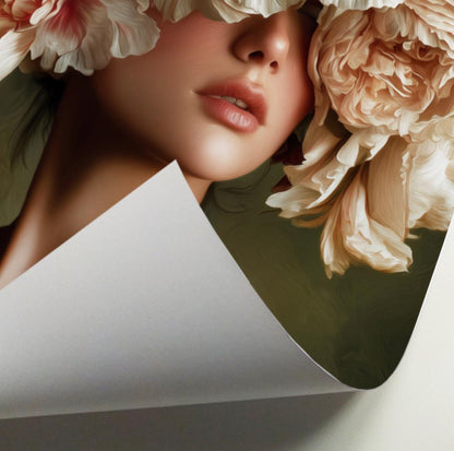 Floral Woman Wall Art, Romantic Flower Portrait Print, Large Feminine Wall Decor, Elegant Peony Artwork, Luxury Statement Art