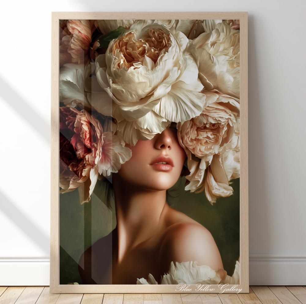 Floral woman portrait with large peony flowers covering the eyes