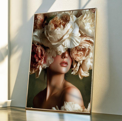 Luxury wall art of a woman surrounded by oversized peony blooms