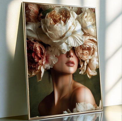 Contemporary romantic artwork with floral headpiece composition