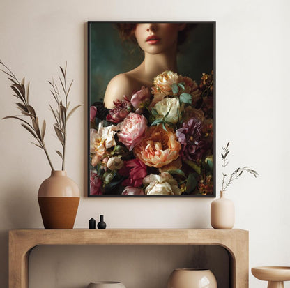 Moody romantic artwork featuring deep botanical tones