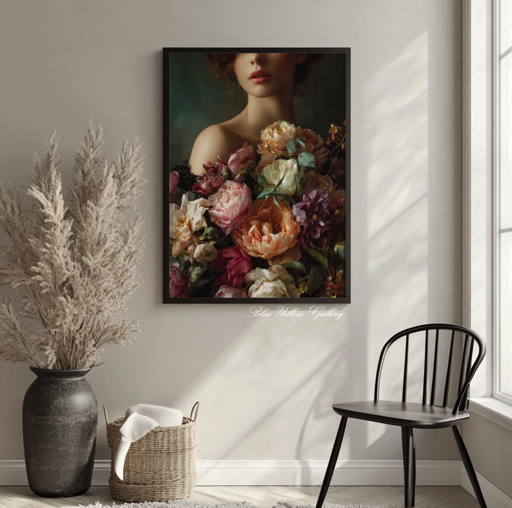 Artistic woman portrait blended with deep floral arrangement