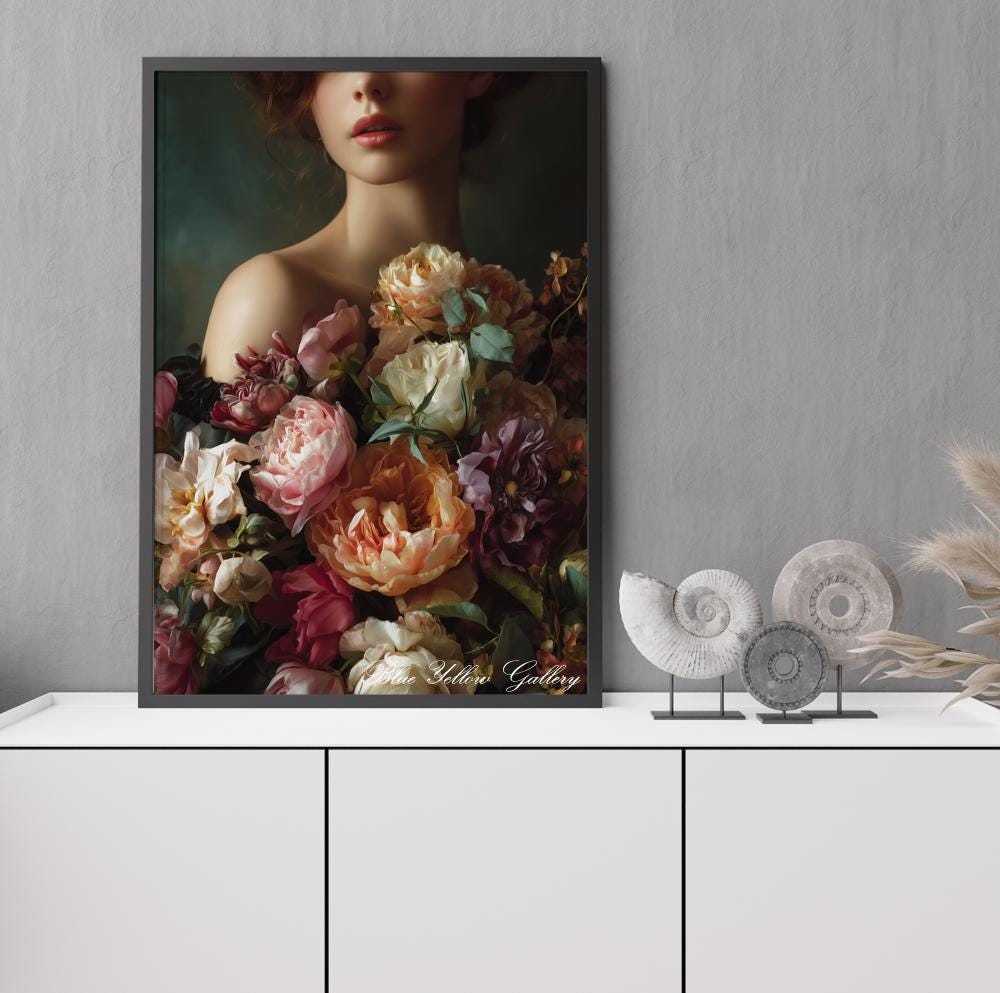 Elegant feminine portrait with dramatic floral composition
