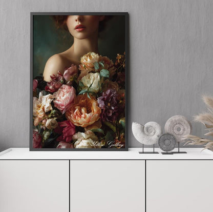 Elegant feminine portrait with dramatic floral composition