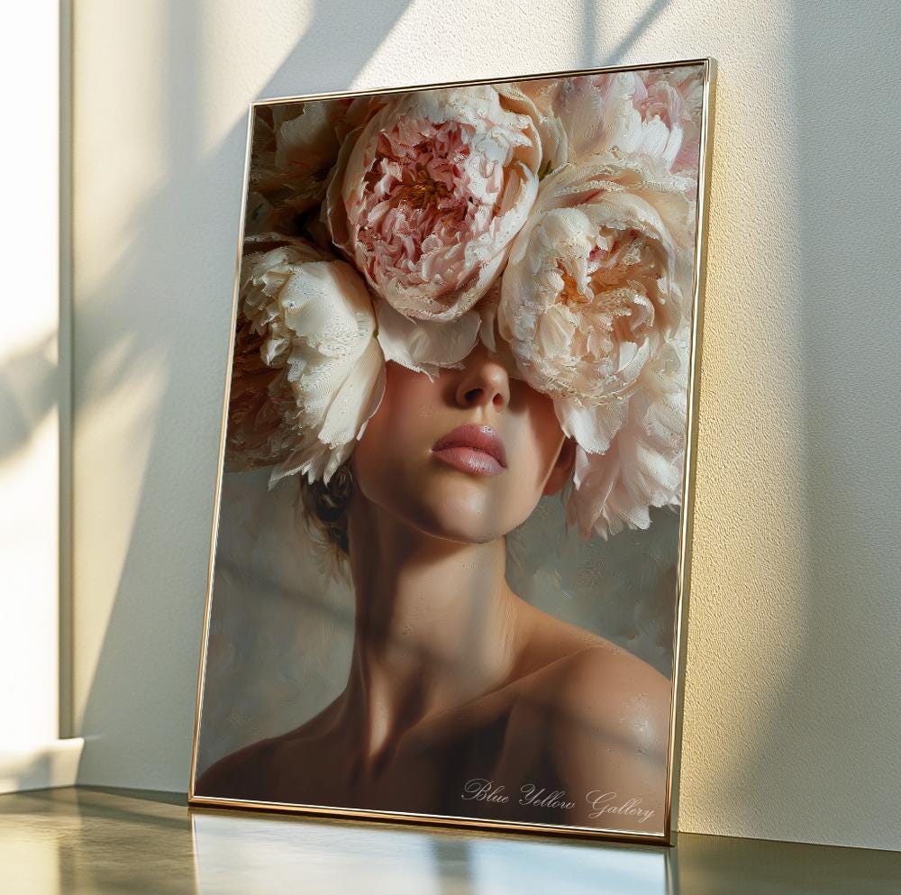 Premium quality canvas print texture of romantic floral woman artwork
