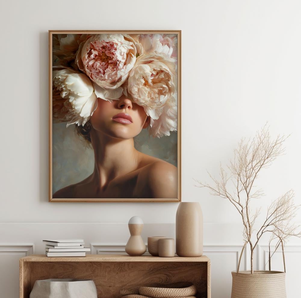 Large floral woman canvas above bed, romantic feminine bedroom wall decor