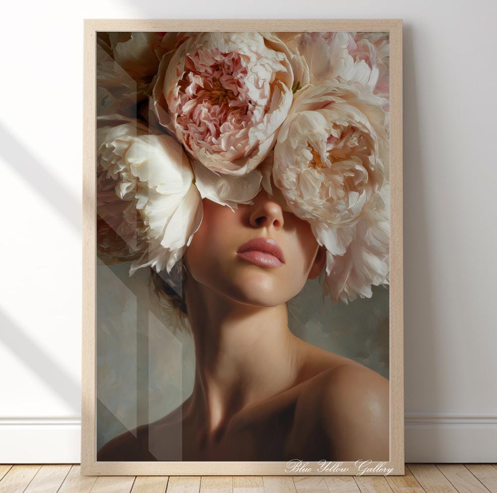 Floral woman wall art featuring romantic peony portrait, luxury feminine bedroom decor print