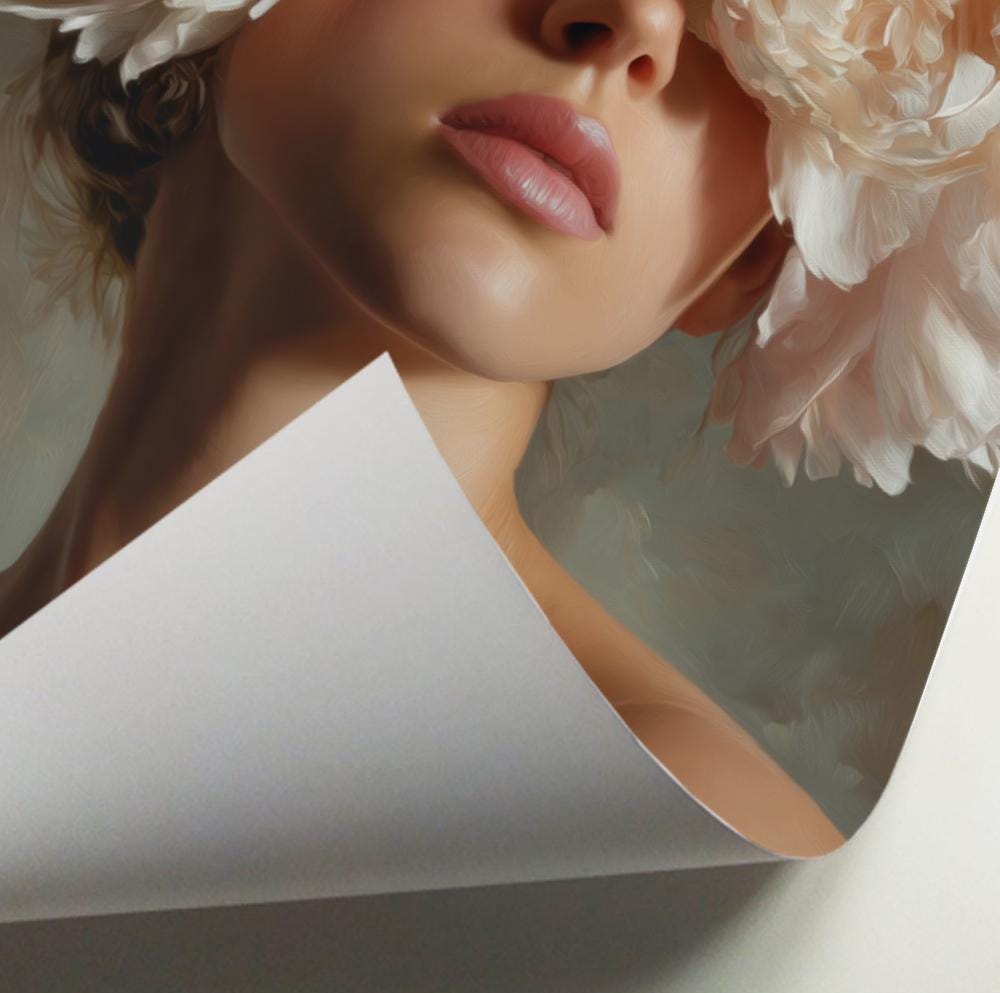 Floral Woman Wall Art, Romantic Peony Portrait Print, Moody Feminine Bedroom Decor, Large Botanical Fashion Art, Luxury Canvas Print