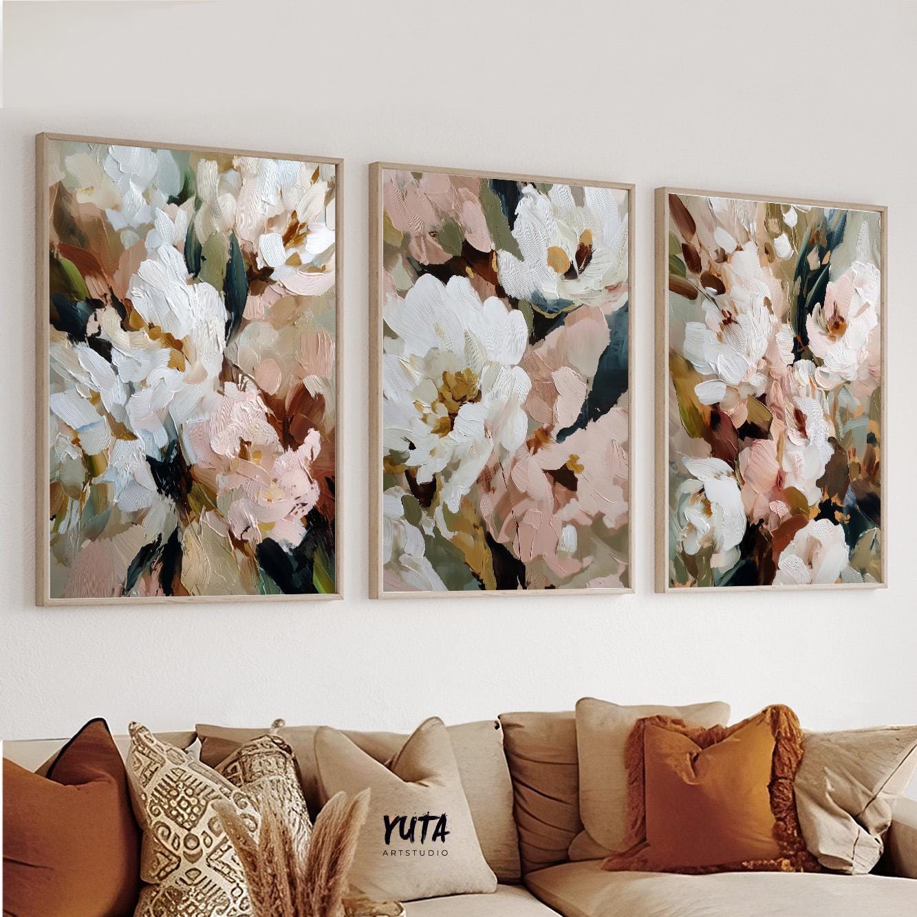 elegant neutral flower wall decor set for minimalist home styling