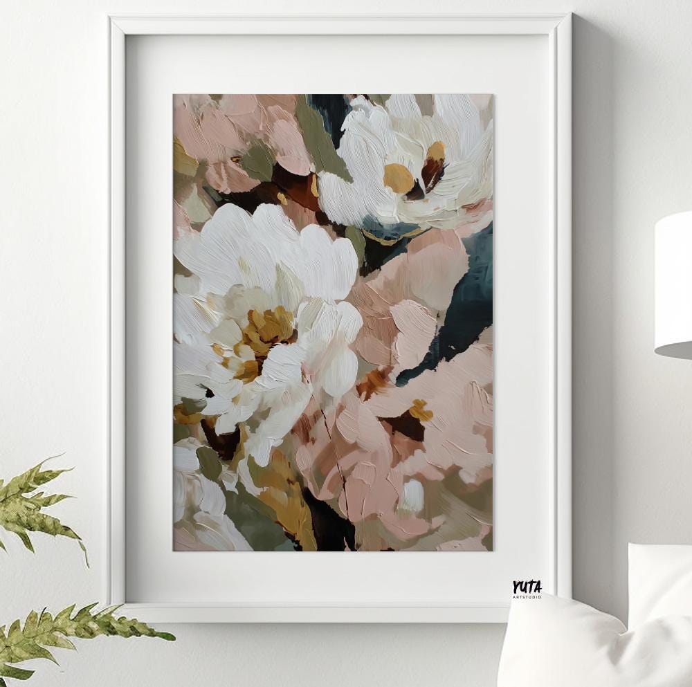 large floral wall art set above sofa in cozy living room interior