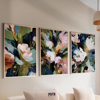 Expressive abstract floral prints with bold shapes and artistic brushwork
