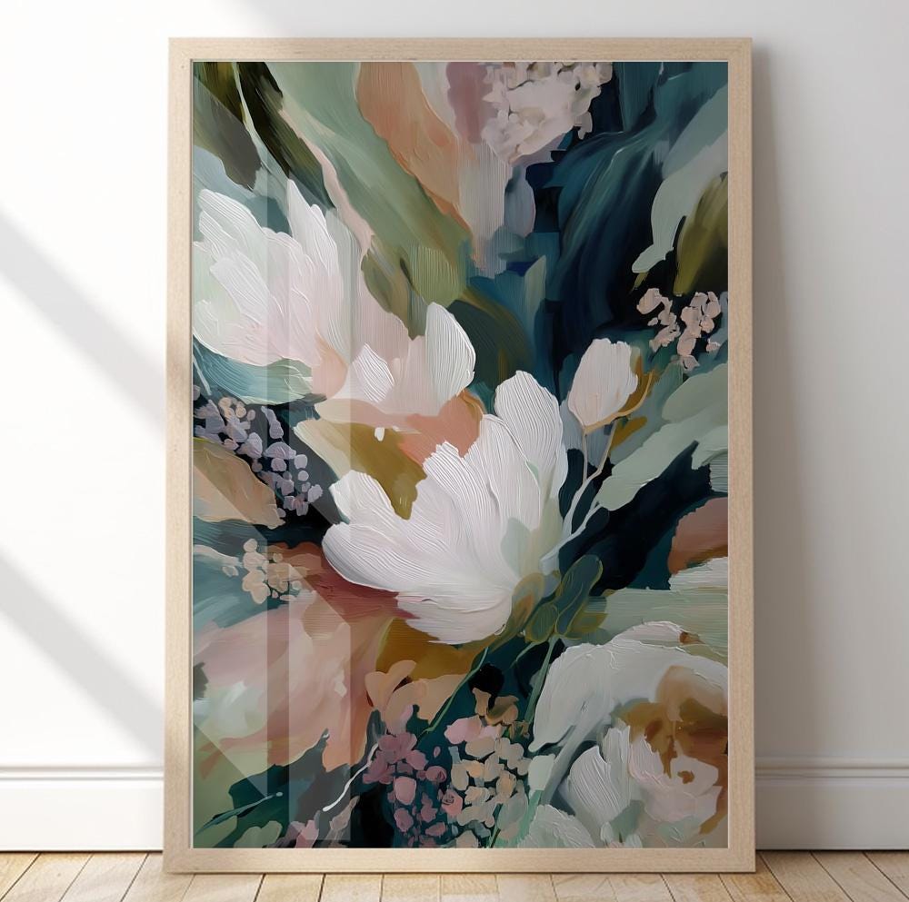 Abstract flower wall art with deep greens, navy blues, and soft blush highlights