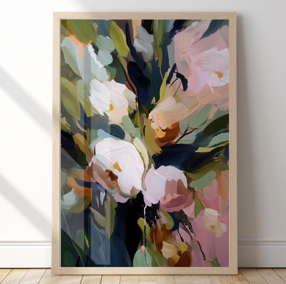 Abstract botanical artworks with soft blush petals and deep navy accents