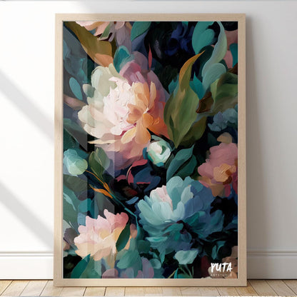 Botanical artworks featuring large blooming flowers in dark color palette