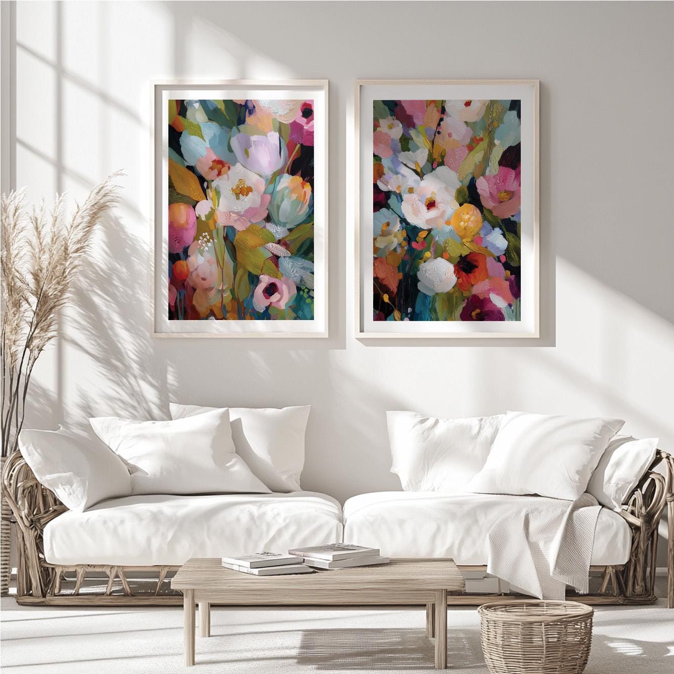 Bright abstract floral art with soft pastel tones and bold accents
