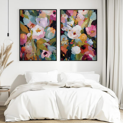 Bright floral paintings with expressive brush strokes and layered textures