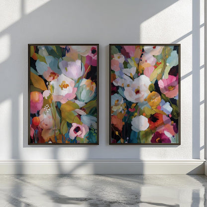 Expressive botanical artworks with colorful flowers and layered paint texture