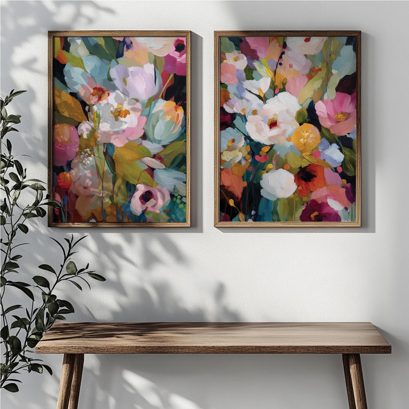 Colorful floral prints with dynamic composition and rich textured brushwork