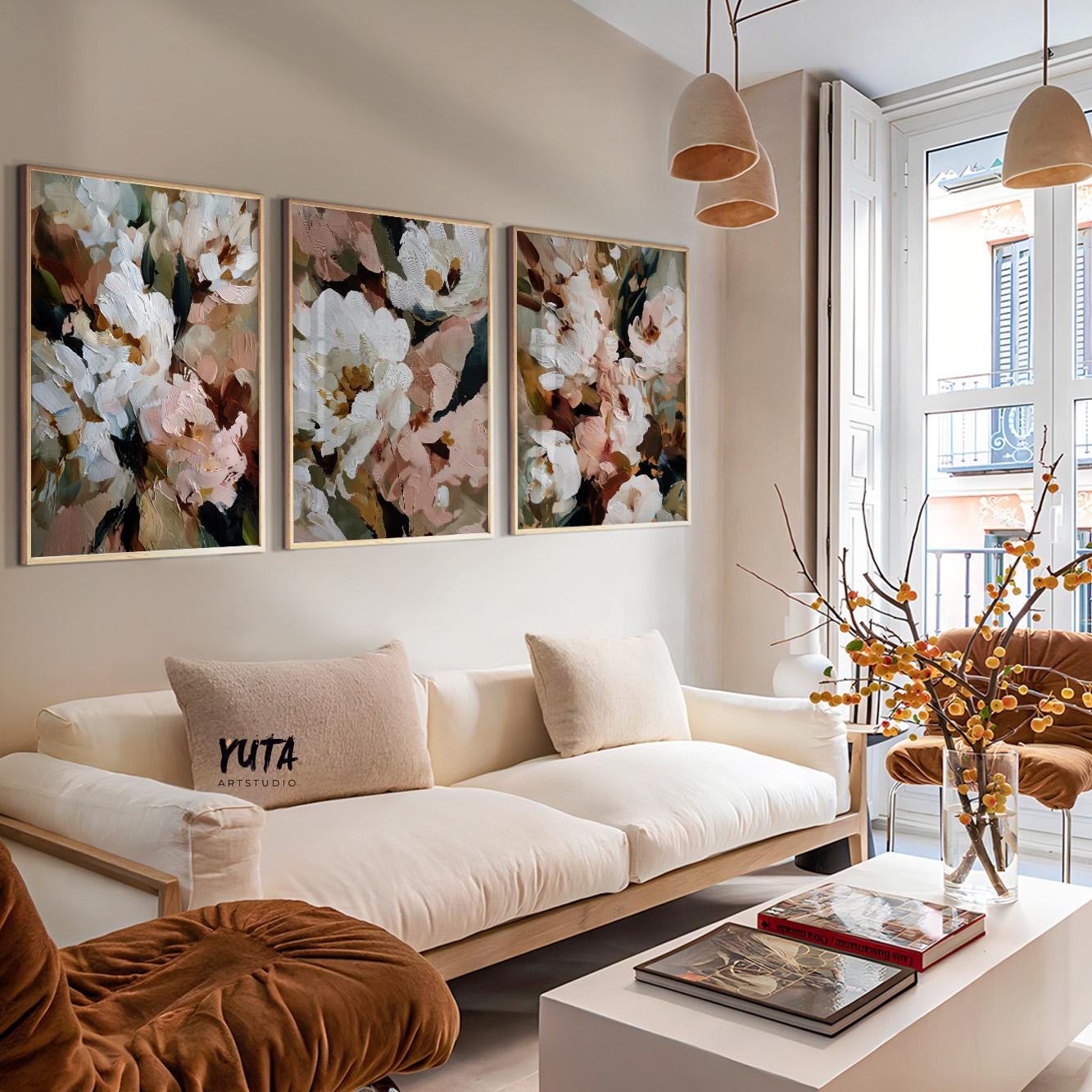 modern botanical wall decor set with textured flower paintings in neutral palette