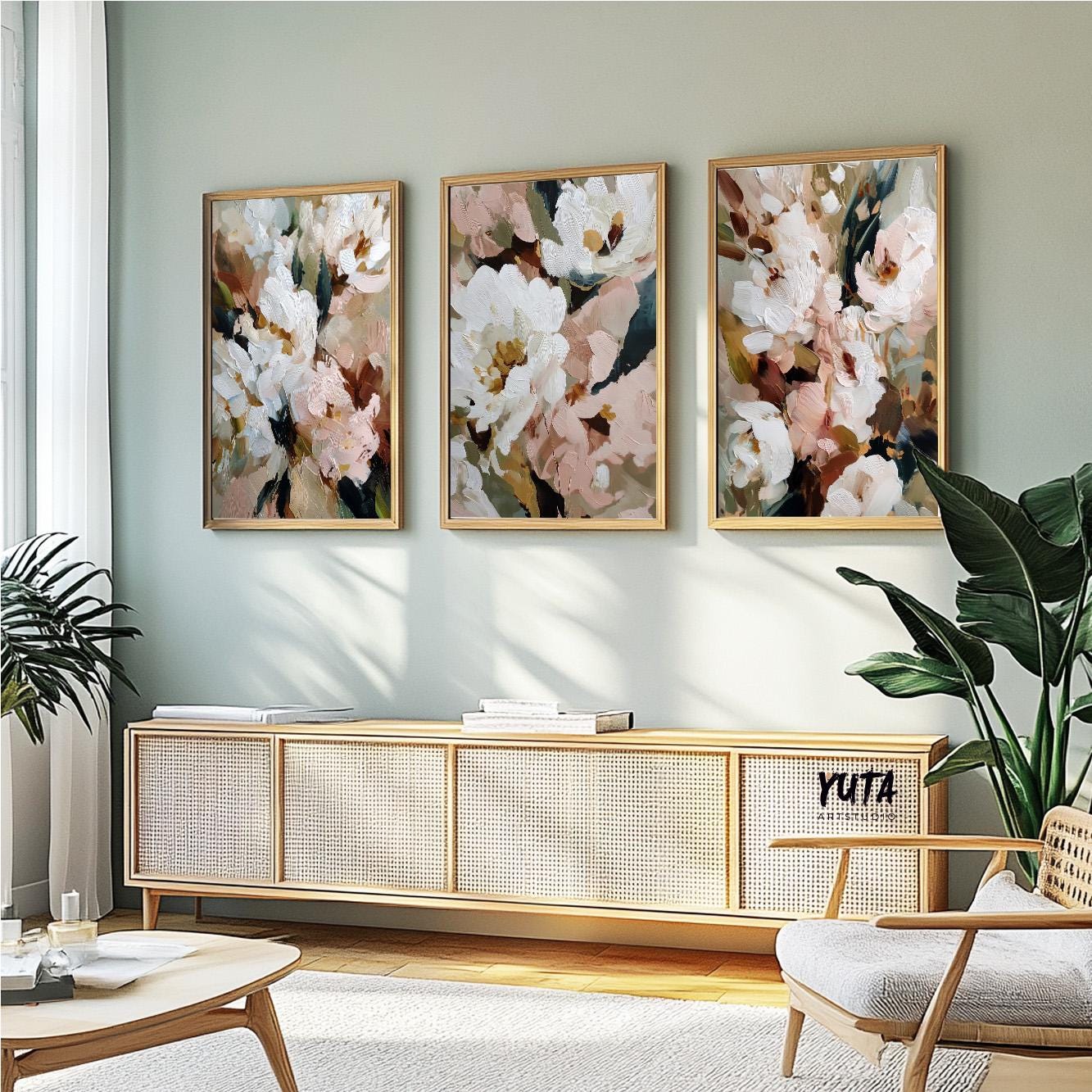 neutral flower artwork set for living room wall with warm earthy palette