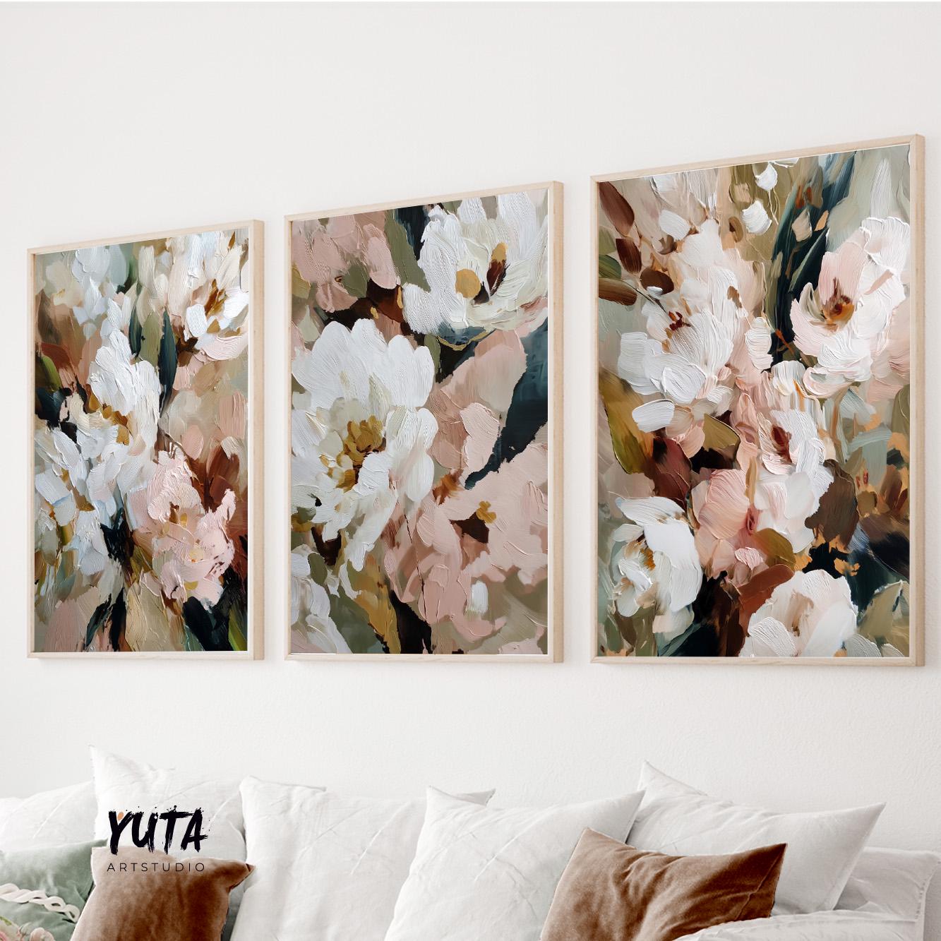 neutral abstract floral wall art set of three with soft beige and blush tones