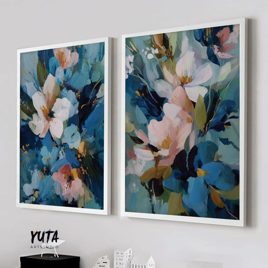 Set of 2 abstract blue floral artworks with soft blush and navy tones