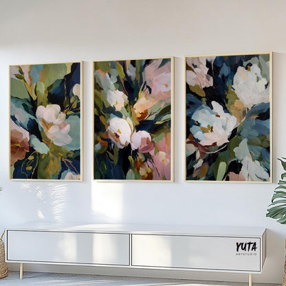 Triptych floral wall art with dynamic brush strokes and vibrant color composition